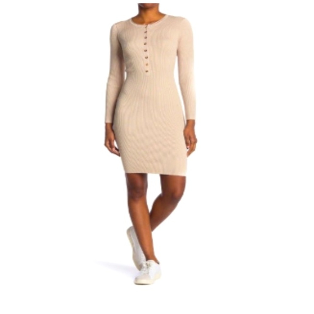 Beige partial button down body con dress in Large